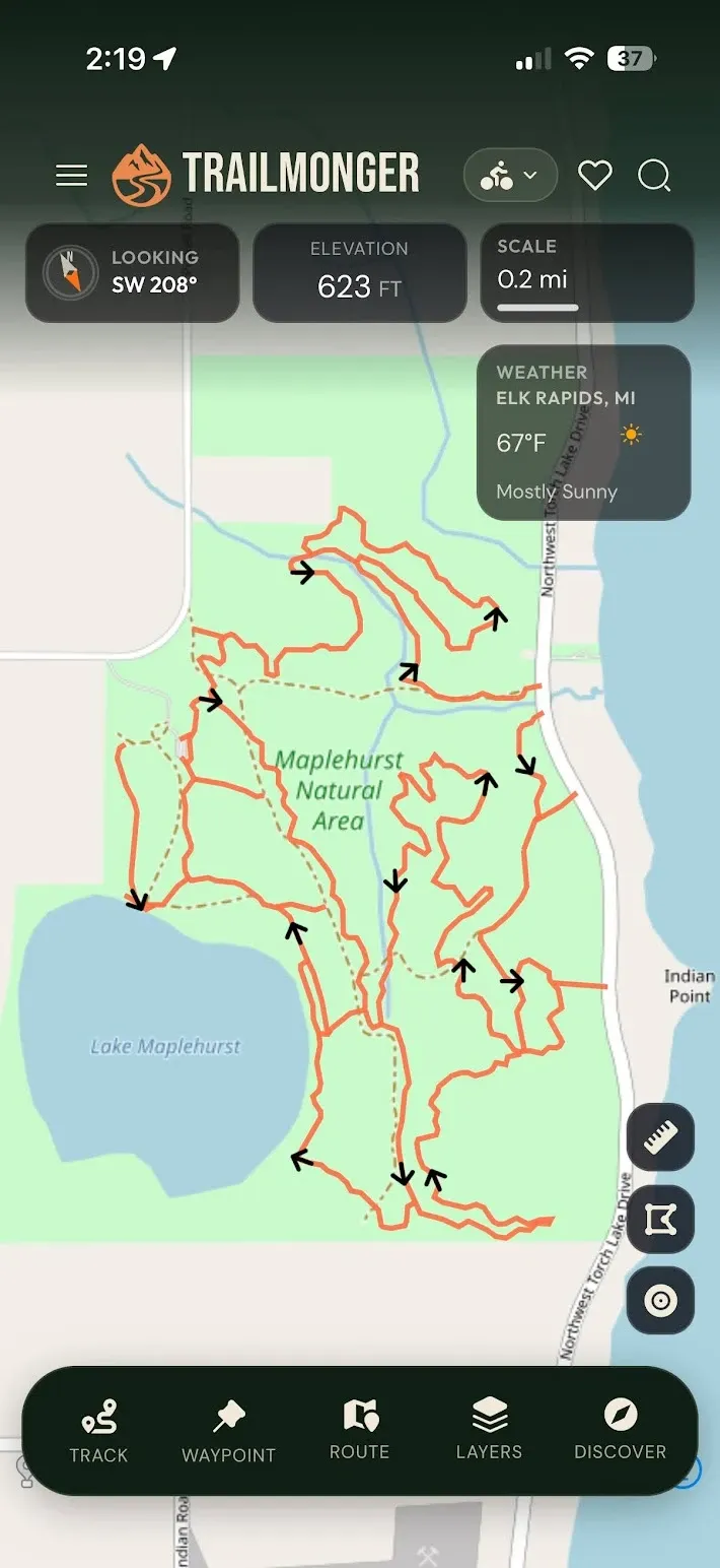 The Trailmonger map showing trails through Maplehurst Natural Area, with elevation, scale and weather panels